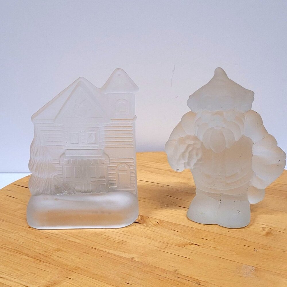 Frosted Glass Victorian House Candle Holder and Santa Claus Set 2 Votive 5.5''